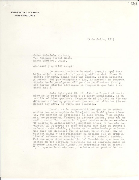[Carta] 1947 jul. 25, Washington [a] Gabriela Mistral, Santa Bárbara, California