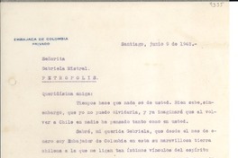[Carta] 1942 jun. 9, Santiago, [Chile] [a] Gabriela Mistral, Petrópolis, [Brasil]