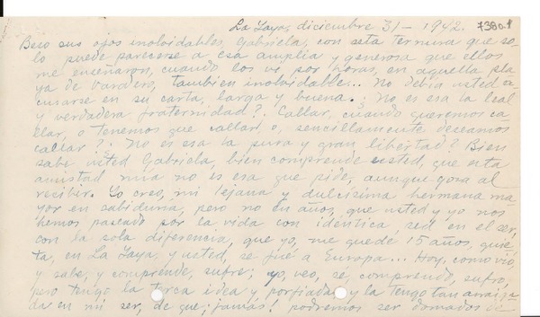 [Carta] 1942 dic. 31, La Yaya, [Cuba] [a] Gabriela Mistral