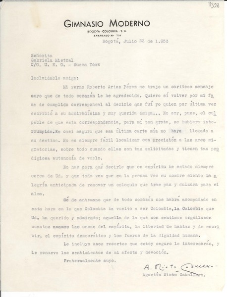 [Carta] 1953 jun. 22, Bogotá, [Colombia] [a] Gabriela Mistral, New York, [EE.UU.]
