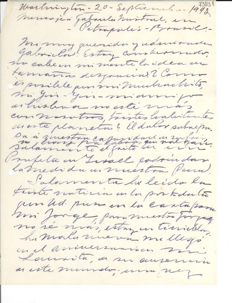 [Carta] 1943 sept. 20, Washington [a] Gabriela Mistral, Petrópolis, Brasil