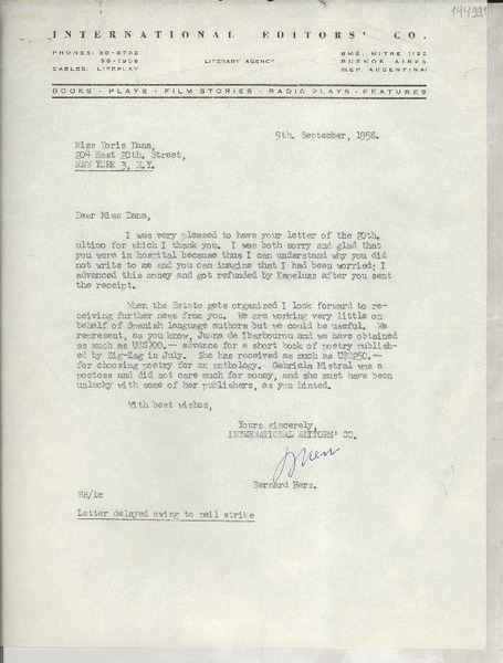 [Carta] 1958 Sept. 9, [Buenos Aires, Argentina] [a] Miss Doris Dana, 204 East 20 th. Street, Nueva York 3, N. Y.