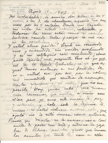 [Carta] 1947 ago. 15, La Yaya, [Cuba] [a] Gabriela Mistral