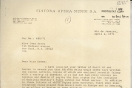[Carta] 1971 Apr. 2, Rio de Janeiro, [Brasil] [a] Miss Joan Daves, 515 Madison Avenue, New York, N. Y. 10022, [EE.UU.]