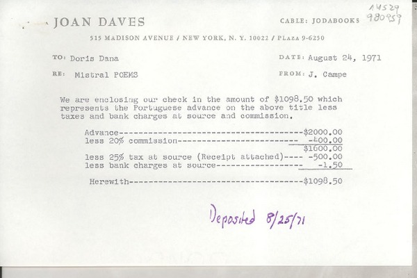 [Carta] 1971 Aug. 24, 515 Madison Avenue, New York, N. Y. 10022, Plaza 9-6250, [EE.UU.] [a] Miss Doris Dana, [EE.UU.]