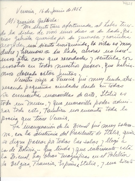 [Carta] 1952 jun. 16, Venecia, [Italia] [a] Gabriela [Mistral]