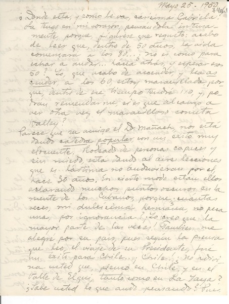 [Carta] 1950 mayo 25, [La Yaya, Cuba] [a] Gabriela Mistral