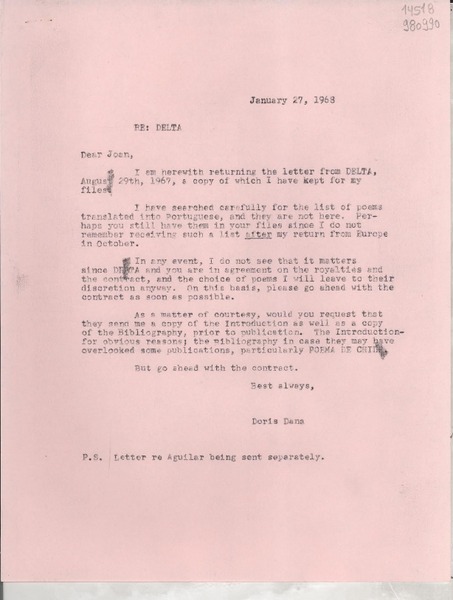 [Carta] 1968 Jan. 27, [Estados Unidos] [a] Dear Joan