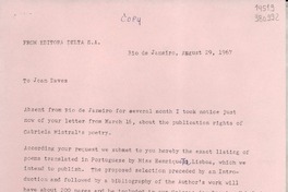 [Carta] 1967 Aug. 29, Rio de Janeiro, [Brasil] [a] Joan Daves