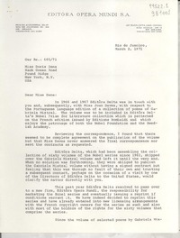 [Carta] 1971 Mar. 2, Rio de Janeiro, [Brasil] [a] Miss Doris Dana, Hack Green Road, Pound Ridge, New York, N. Y., USA