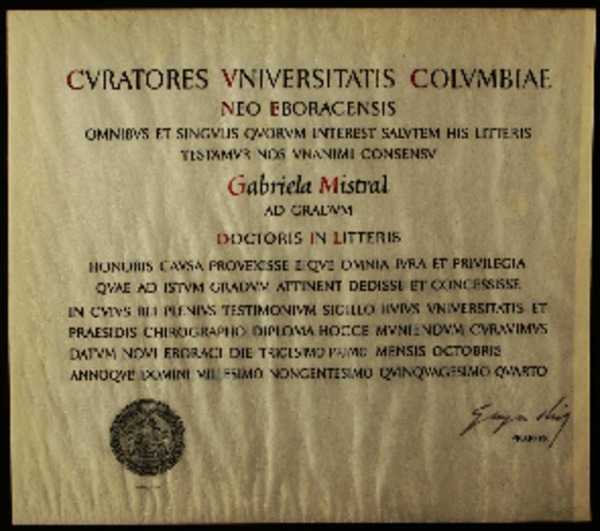 [Diploma] 1954 oct. 31, Nueva York, Estados Unidos [a] Gabriela Mistral