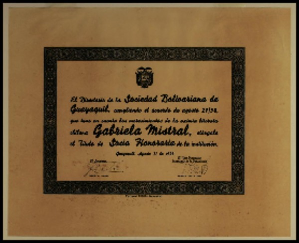 [Diploma] 1938 ago. 31, Guayaquil, [Ecuador] [a] Gabriela Mistral
