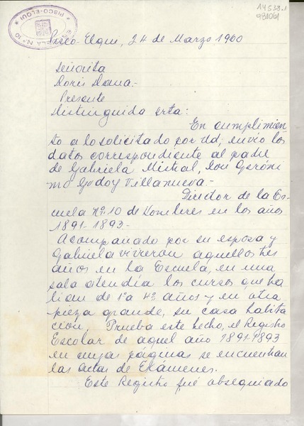 [Carta] 1960 mar. 24, Pisco Elqui, [Chile] [a la] Señorita Doris Dana