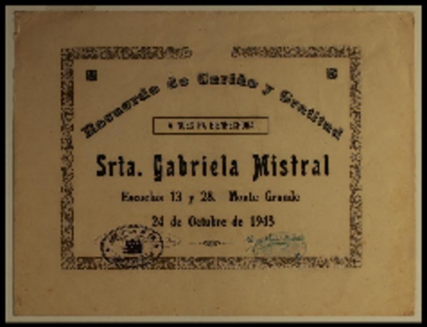 [Diploma] 1943 oct. 24, Montegrande, Chile [a] Gabriela Mistral