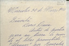 [Carta] 1960 Mar. 30, Casilla 3274, Valparaíso, [Chile] [a la] Señorita Doris Dana, Av. A. vespucio 1835, Santiago, [Chile]
