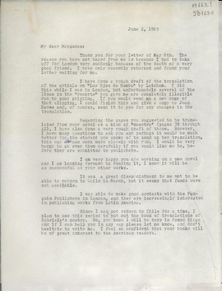 [Carta] 1965 June 2, [Estados Unidos] [a] My dear Mercedes