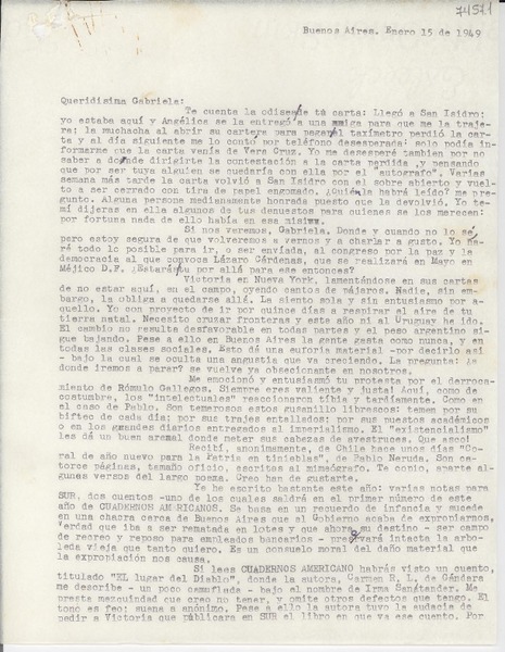 [Carta] 1949 ene. 15, Buenos Aires [a] Gabriela Mistral