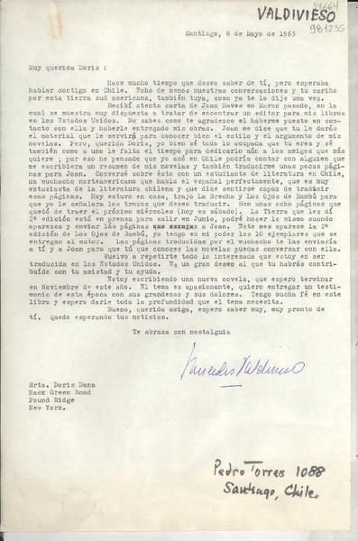 [Carta] 1965 mayo 6, Santiago, [Chile] [a] Srta. Doris Dana, Hack Green Road, Pound Ridge, New York
