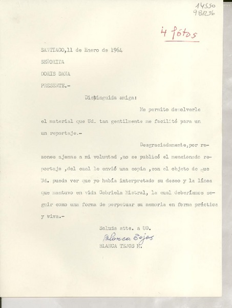 [Carta] 1964 ene. 11, Santiago, [Chile] [a la] Señorita Doris Dana