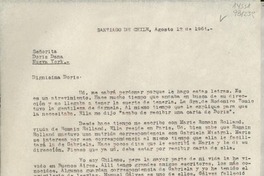 [Carta] 1964 ago. 12, Alameda Bernardo O"Higgins 723 Dep. 58, Santiago de Chile [a la] Señorita Doris Dana, Nueva York, [EE.UU.]