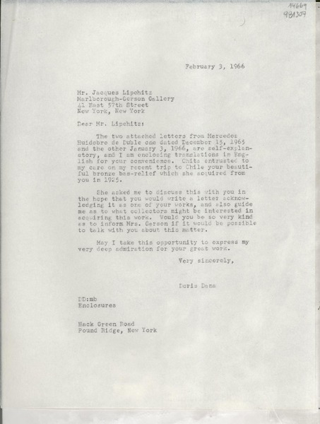 [Carta] 1966 Feb. 3, Hack Green Road, Pound Ridge, New York, [EE.UU.] [a] Mr. Jacques Lipchitz, Marlborough-Gerson Gallery, 41 Fast 57th Street, New York, New York, [EE.UU.]