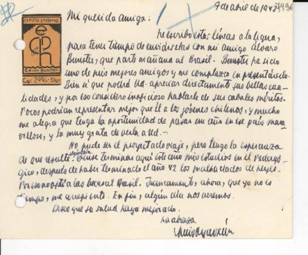 [Carta] 1943 abr. 7, [Santiago] [a] Gabriela Mistral