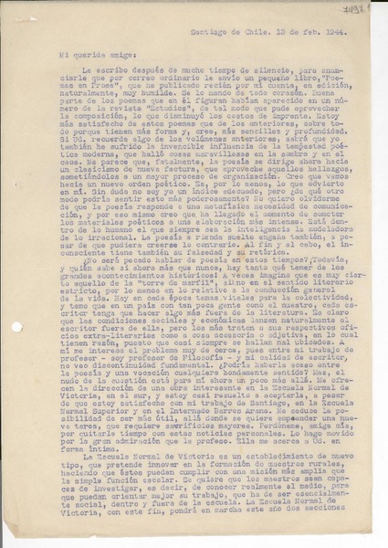 [Carta] 1944 feb. 13, Santiago de Chile [a] Gabriela Mistral