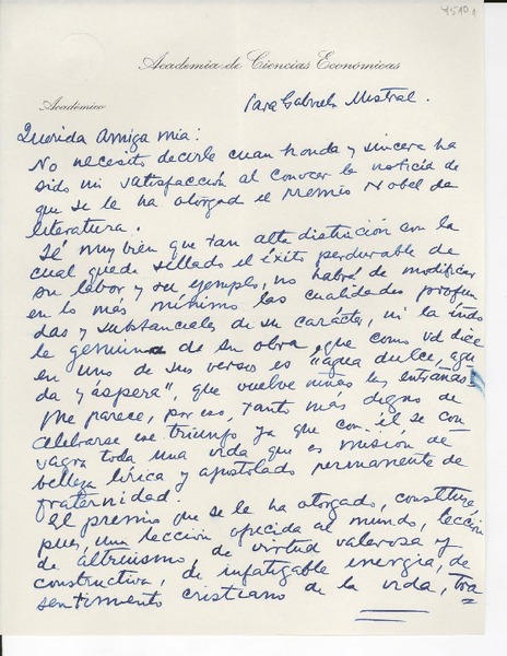 [Carta] 1945 nov., Buenos Aires, [Argentina] [a] Gabriela Mistral