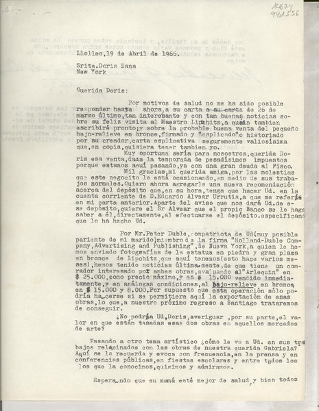 [Carta] 1966 abr. 19, Llolleo, [Chile] [a la] Srta. Doris Dana, New York, [EE.UU.]