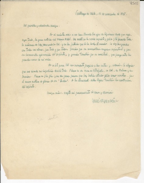 [Carta] 1945 nov. 16, Santiago de Chile [a] Gabriela Mistral