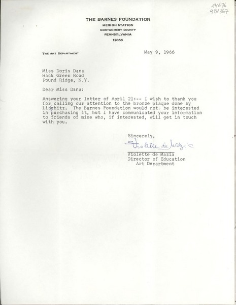 [Carta] 1966 May 9, The Barnes Foundation, Merion Station, Montgomery County, Pennsylvania 19066, [EE.UU.] [a] Miss Doris Dana, Hack Green Road, Pound Ridge, N. Y., [EE.UU.]