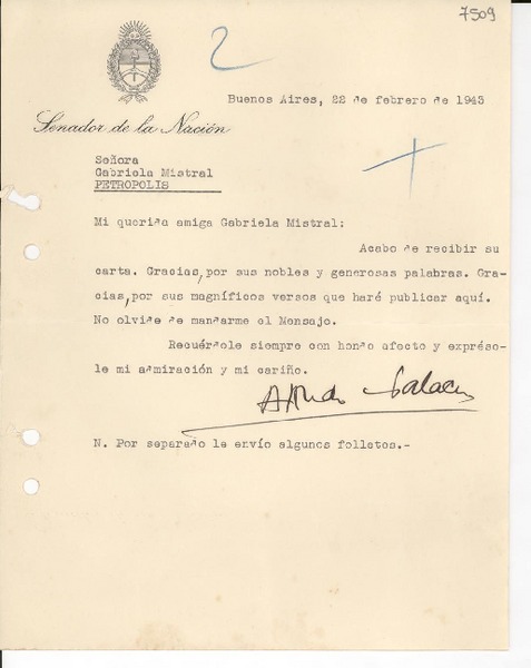 [Carta] 1943 feb. 22, Buenos Aires [a] Gabriela Mistral, Petrópolis