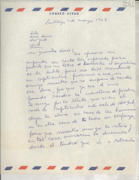 [Carta] 1968 mar. 4, Santiago, [Chile] [a la] Srta. Doris Dana, New York, [EE.UU.]