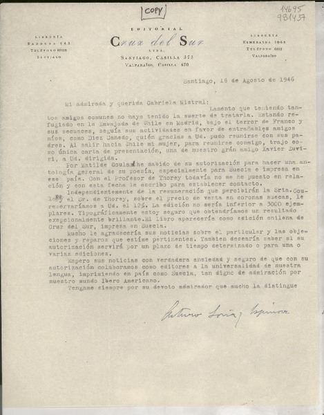 [Carta] 1946 ago. 16, Santiago, [Chile] [a] Mi admirada y querida Gabriela Mistral