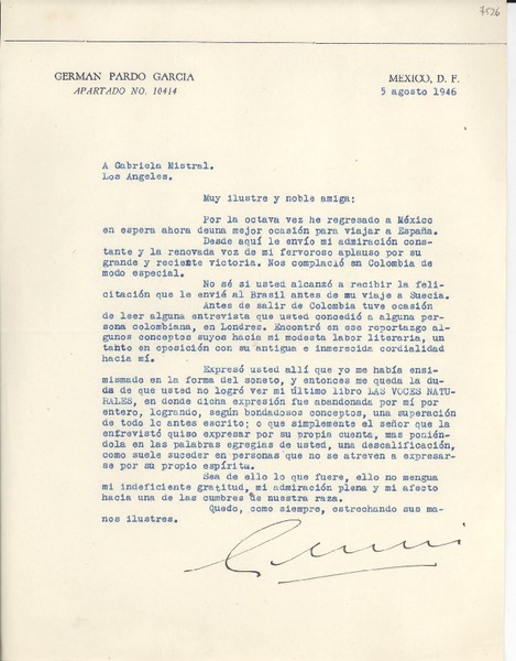 [Carta] 1946 ago. 5, [México D.F.] [a] Gabriela Mistral, Los Angeles, [EE.UU.]
