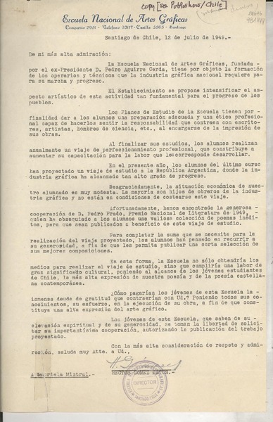 [Carta] 1949 jul. 12, Santiago de Chile [a] Gabriela Mistral