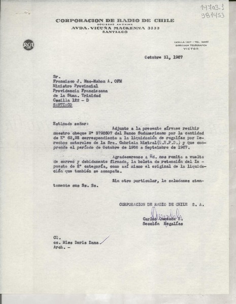 [Carta] 1967 oct. 31, Santiago, [Chile] [a] Sr. Francisco J. Mac-Mahon A. OFM, Ministro Provincial, Providencia Franciscana de la Stma. Tinidad, Casilla 122-D, Santiago