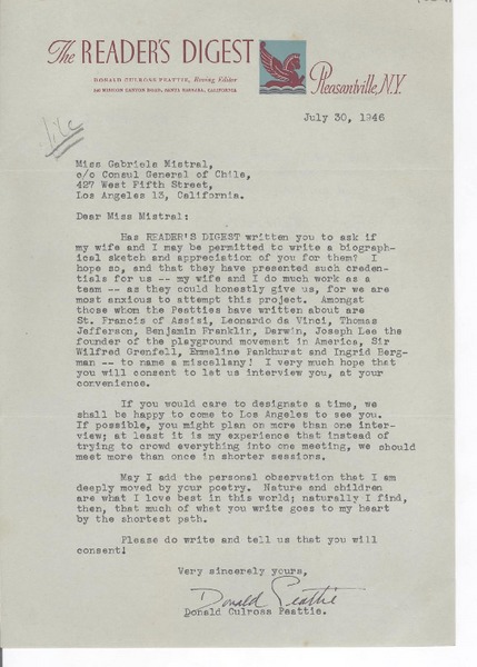 [Carta] 1946 jul. 30, [New York] [a] Gabriela Mistral, Los Ángeles, California