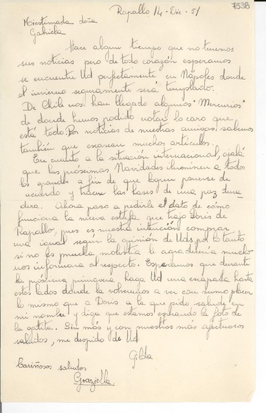 [Carta] 1951 dic. 14, Rapallo, [Italia] [a] Gabriela Mistral