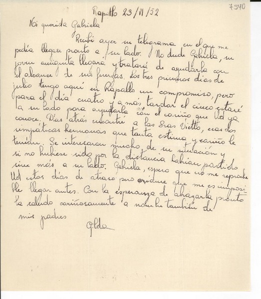 [Carta] 1952 jun. 23, Rapallo, [Italia] [a] Gabriela Mistral