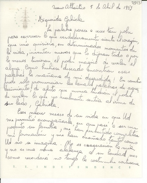 [Carta] 1953 abr. 5, Océano Atlántico [a] Gabriela Mistral