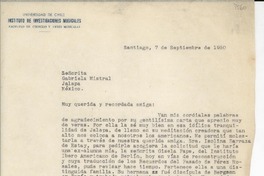 [Carta] 1950 sept. 7, Santiago, [Chile] [a] Gabriela Mistral, Jalapa, México