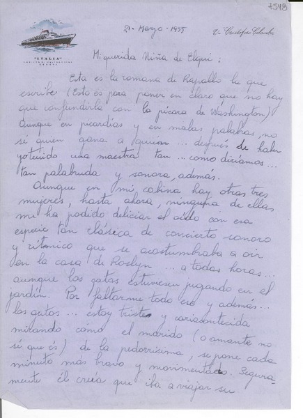 [Carta] 1955 mar. 21, [Génova] [a] Gabriela Mistral