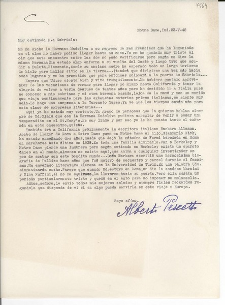 [Carta] 1948 mayo 23, Notre Dame, Indiana, [EE.UU.] [a] Gabriela [Mistral]