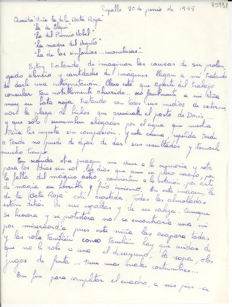 [Carta] 1955 jun. 20, Rapallo, [Italia] [a] Gabriela Mistral
