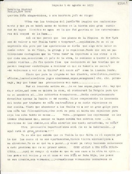 [Carta] 1955 ago. 9, Rapallo, [Italia] [a] Gabriela Mistral, Roslyn, New York
