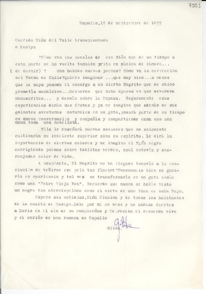 [Carta] 1955 sept. 15, Rapallo, [Italia] [a] Gabriela Mistral, Roslyn, [New York]