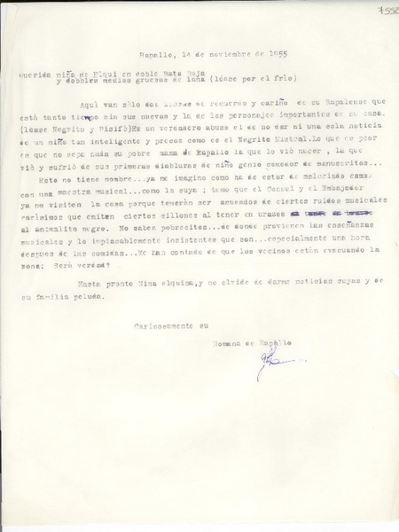 [Carta] 1955 nov. 14, Rapallo, [Italia] [a] Gabriela Mistral