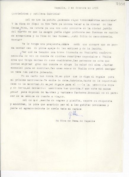 [Carta] 1956 feb. 2, Rapallo, [Italia] [a] Gabriela Mistral