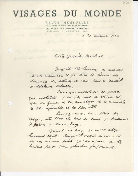 [Carta] 1935 sept. 22, [París, Francia] [a] Gabriela Mistral
